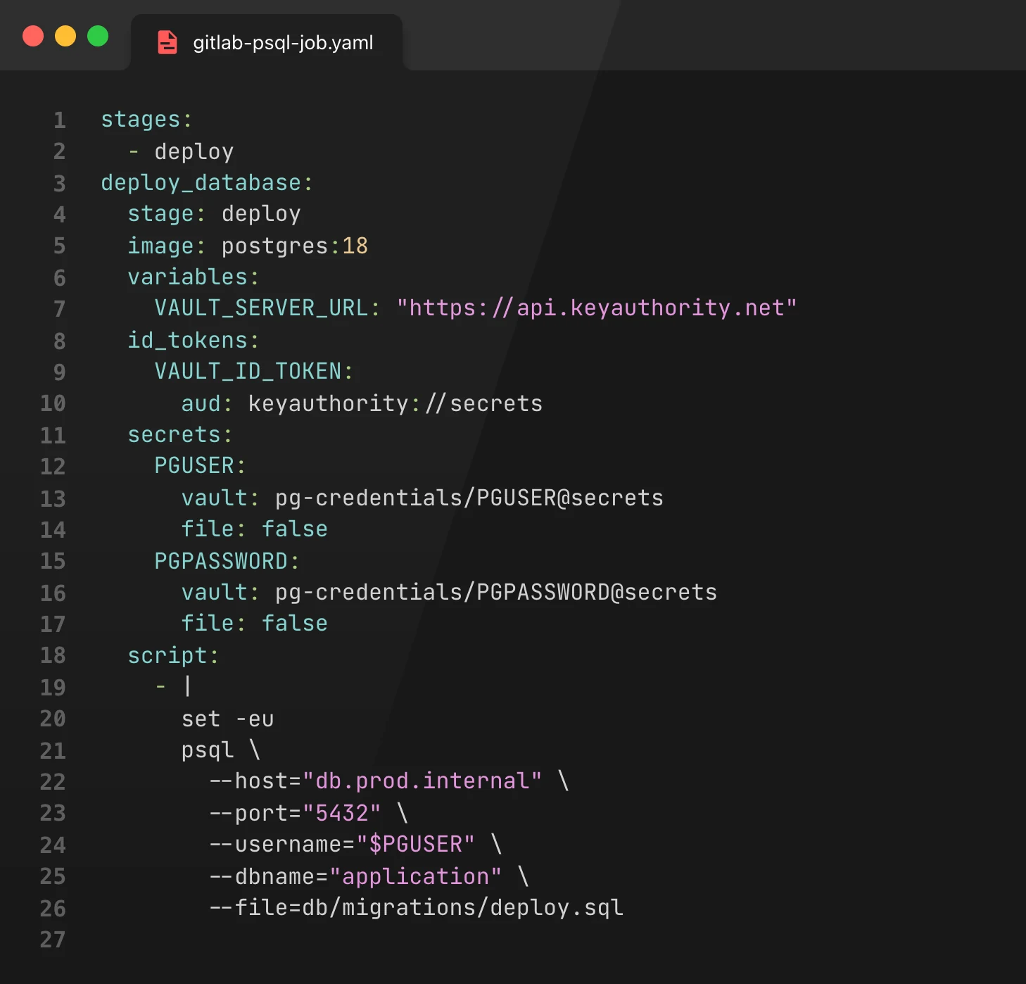 GitLab deployment job injecting PostgreSQL credentials from KeyAuthority